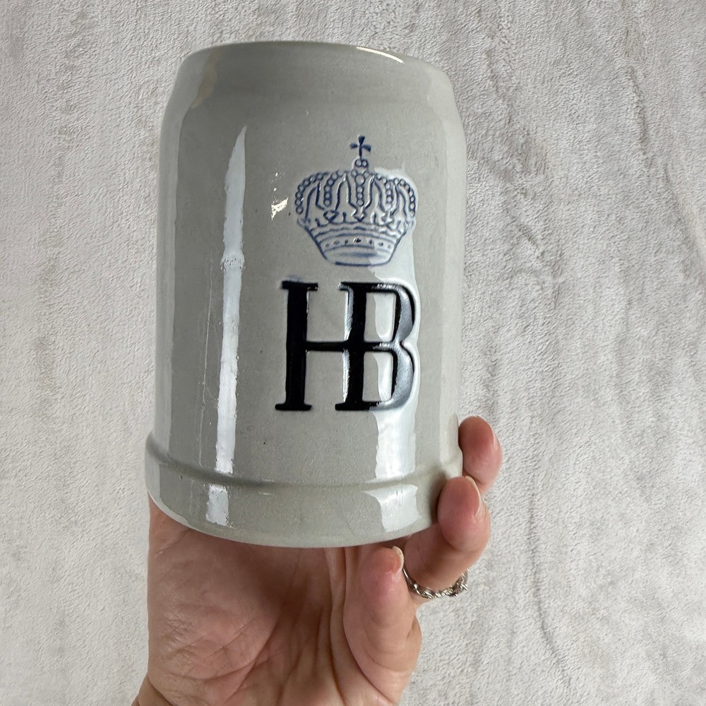 Hofbrauhaus Munchen HB Beer Stein 0.5L German Stoneware Mug Grey Blue Crown Logo